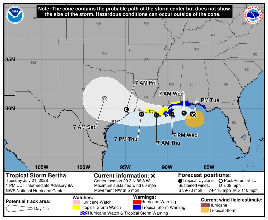MississippiDOT's tweet photo. ⚠️ South MS Residents: As #TropicalStormBertha tracks closer to the #MSGulfCoast, prepare now for possible storm impacts, including blocked roadways, flash flooding, & power outages.

Starting Wednesday & lasting into Thursday, #Bertha is expected to bring potentially high winds, storm surge, & rainfall to the southern portion of the state, which may result in flash flooding & debris on roadways. 🌊⚡

We'll keep monitoring the storm, & MDOT crews stand ready to respond to potential impacts on #MShwys. Continue to check the MDOT Traffic app for updates on road conditions. 📲

MORE on MDOT's free prep resources & safety tips for severe weather travel 👉 https://t.co/Gj9jF9mKN0

#MSwx #HurricaneSeason #CoastalMS