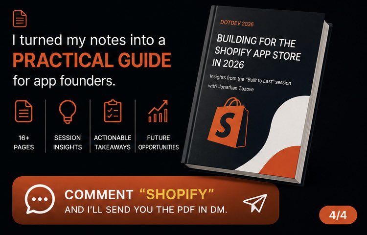 Asif2BD's tweet photo. Not every Shopify app dev made it to Toronto for DotDev 2026. So I took notes for you.

The App Store playbook for 2026: 6 rules for durable apps + what Shopify told me about Built for Shopify in Q&A.

Reply "Shopify" for the full deck.

#ShopifyDev #DotDev2026 @StoreSEOapp @Shopify @ShopifyDevs
