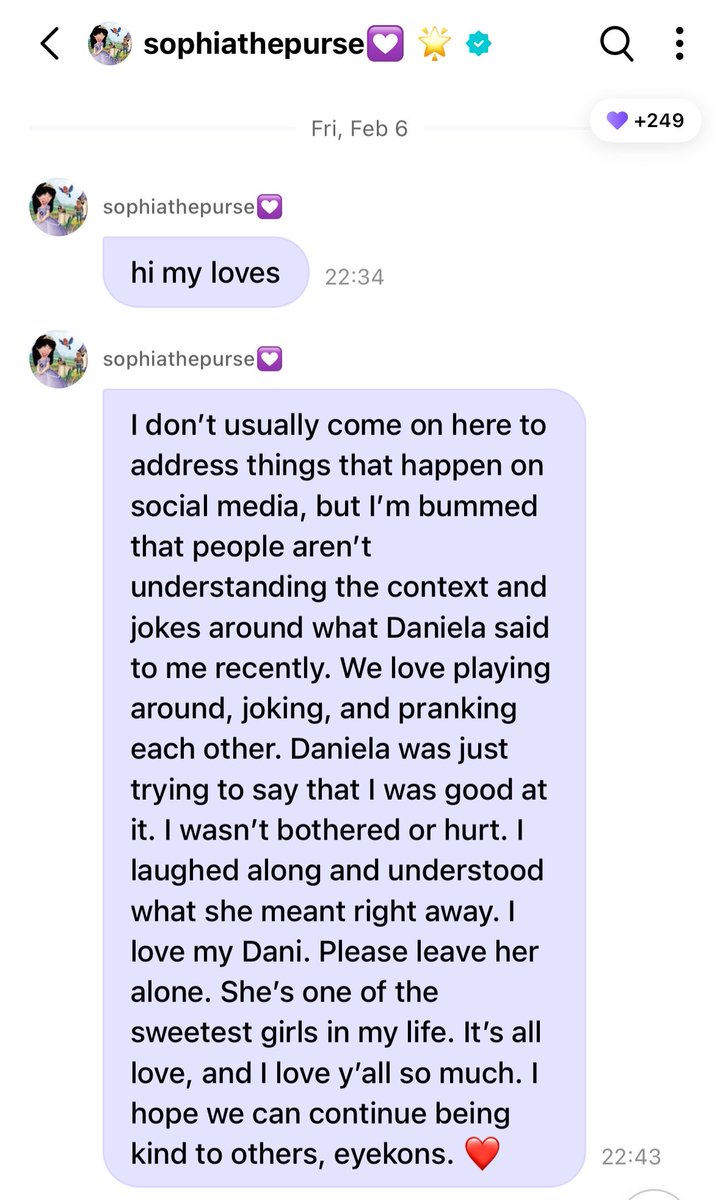dailylaforteza's tweet photo. i genuinely don’t understand how you can say you’re sophia biased and still talk so much bullshit about daniela when this is literally how sophia is when it comes to her. “I love my Dani. Please leave her alone. She’s one of the sweetest girls in my life.” come on… she’s literally begging you to stop attacking her best friend