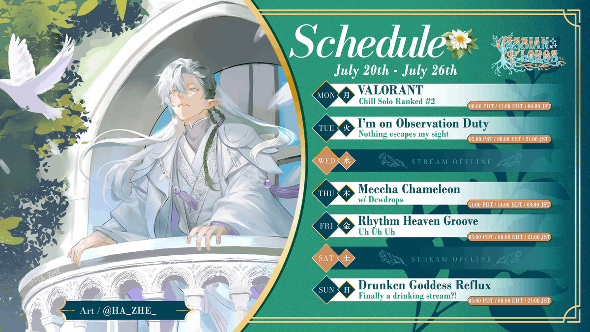 CassianFloros's tweet photo. 【WEEKLY SCHEDULE】
July 20th - July 26th🌿✨

Feeling the rhythm this week!

🎨: @/HA_ZHE_ https://t.co/Vyrcmw8Tze