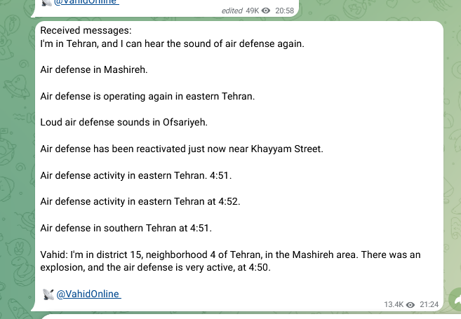 lookner's tweet photo. New reports from @Vahid of air defense active again in some parts of Tehran around 10 minutes ago https://t.co/5VcKz92WpO