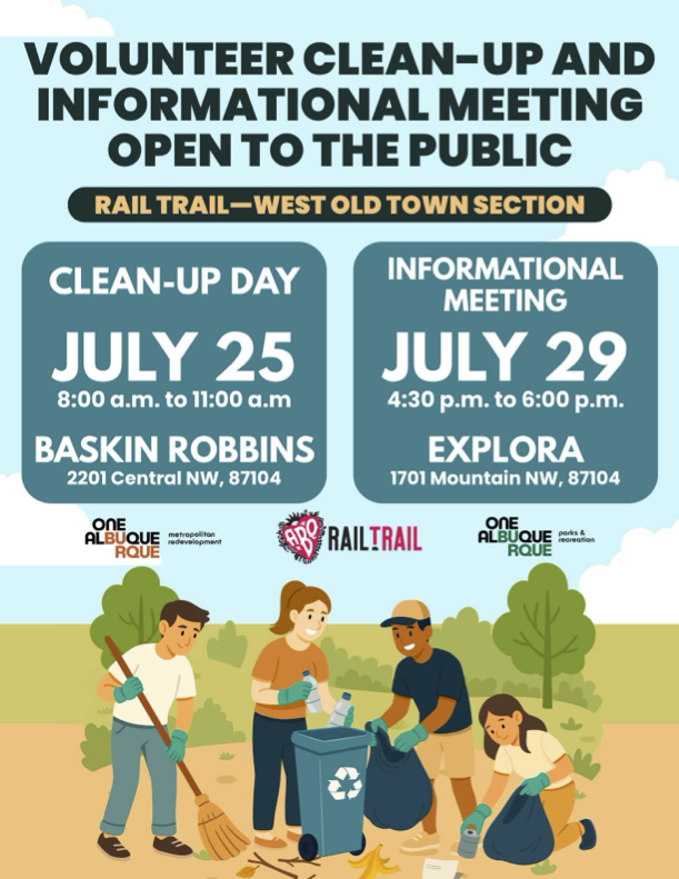 BikeABQ's tweet photo. Help shape the future of the West Old Town Rail Trail!

The City is hosting two opportunities to get involved: 
Join the volunteer cleanup of the future trail corridor this Saturday, then stop by the public information meeting next Wednesday to learn more about the project. https://t.co/hwgCdb9hOR
