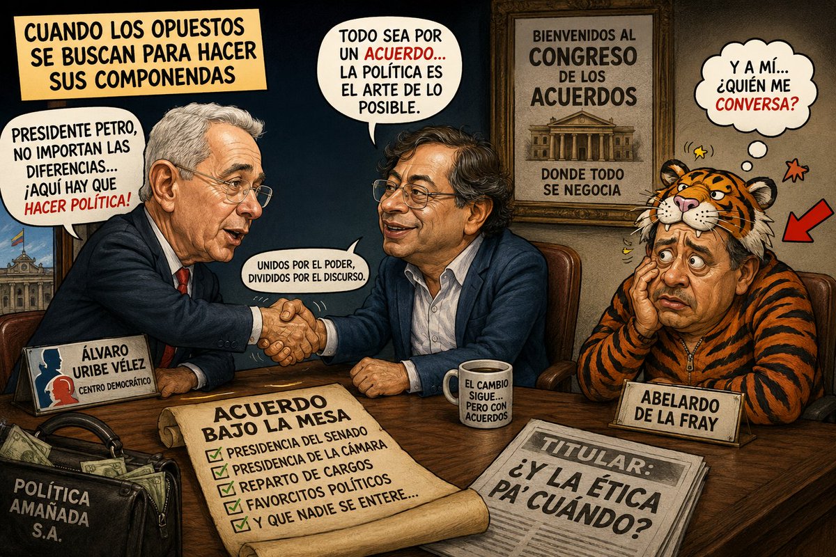 Elpacificop's tweet photo. ¡𝐄𝐧 𝐥𝐚 𝐩𝐨𝐥𝐢́𝐭𝐢𝐜𝐚 𝐜𝐨𝐥𝐨𝐦𝐛𝐢𝐚𝐧𝐚 𝐧𝐨 𝐡𝐚𝐲 𝐞𝐧𝐞𝐦𝐢𝐠𝐨𝐬... 𝐡𝐚𝐲 𝐭𝐮𝐫𝐧𝐨𝐬❗

📰 
 Cuando el tablero cambia, hasta los rivales terminan jugando en el mismo equipo. https://t.co/I15SnmNr43