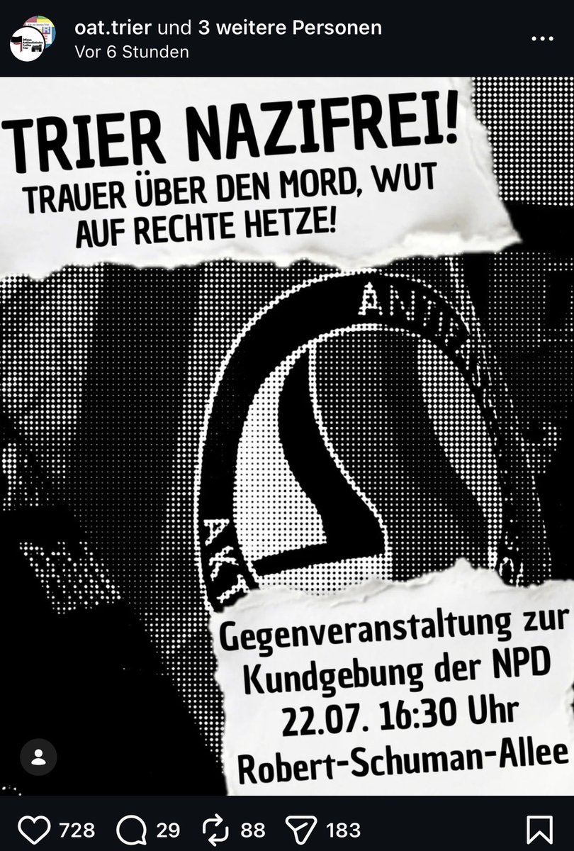JulianAdrat's tweet photo. Kein Witz, hier ist sie: die Demo gegen Rechts in Trier: Anlass: der junge Student Marius, der von einem Afghanen auf offener Straße massakriert würde. Diese Fanatiker tragen Mitschuld! Es ist ein irrer Kult, sterbende Menschen nur Kollateralschäden für ihren Wunsch von der ewigen Masseneinwanderung, ihre Holocaust-Verharmlosung nicht minder widerlich. Sie ekeln mich an.