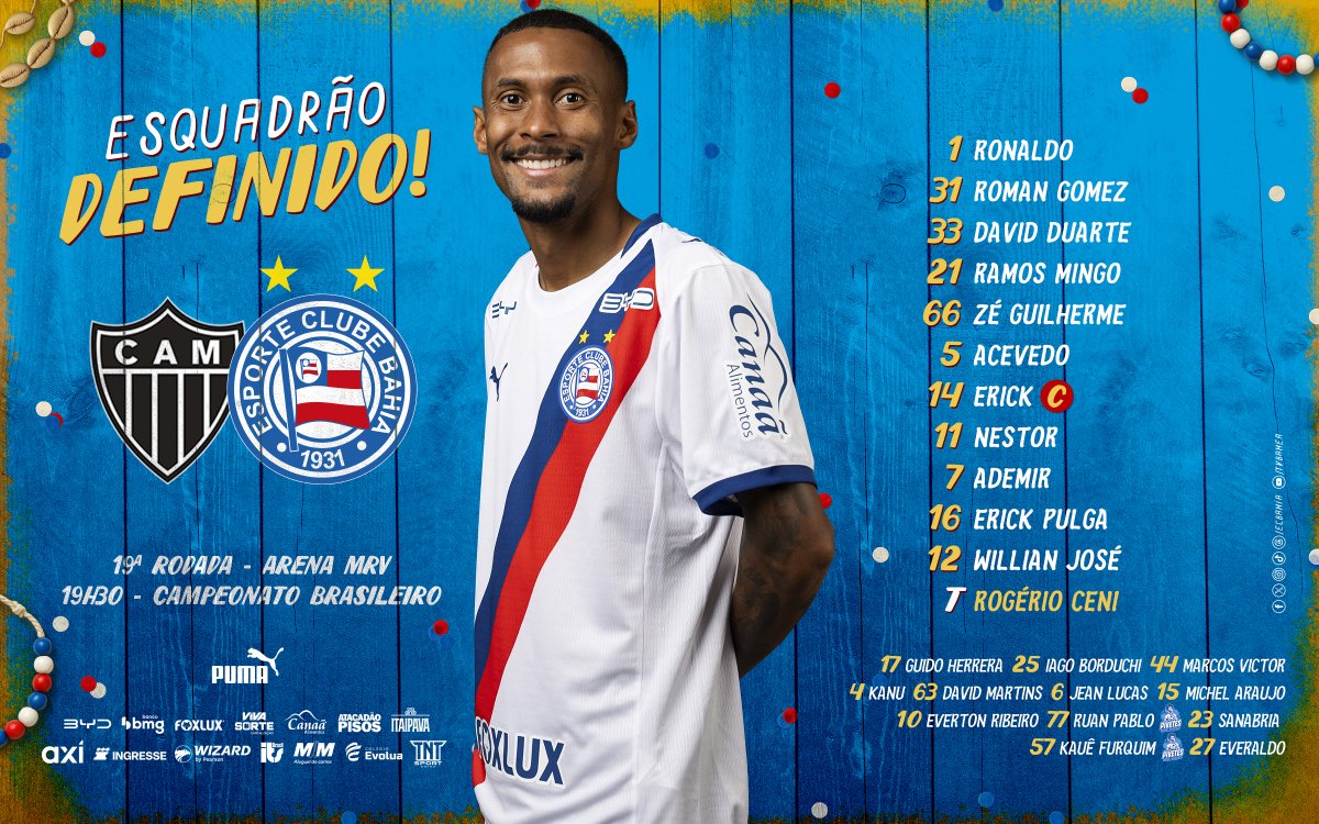 ecbahia's tweet photo. 📝 Essa é a escalação tricolor pro jogo de hoje! Transmissão: @canalpremiere e @sportv #BrocaiPorNós #BBMP https://t.co/XaCnN4psc8