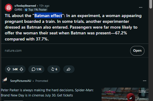 Gh0stDotSol's tweet photo. We just got the new Nietzschean.

It's called the Batman Effect.

It's already got 54k upvotes in 12 hours.

Pretty much they done a study where if someone was dressed at batman, people were more likely to act very differently

It's got so much engagement.

Proof:
https://t.co/kJucOM9DCs

https://t.co/lgBZ7WUOhg