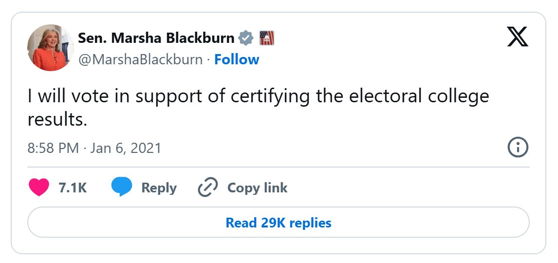 SANKAwake's tweet photo. @MarshaBlackburn Marsha now:  Stealing elections bad.
Marsha then:  Stealing elections ok.  Then votes to certify them. https://t.co/jZZLcpXkrh
