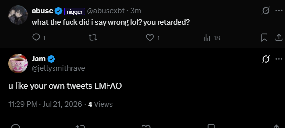 abusexbt's tweet photo. @jellysmithrave @mephXBT nigga suck my dick ur a nobody stfu pooron bitch https://t.co/JZP53jOTuH