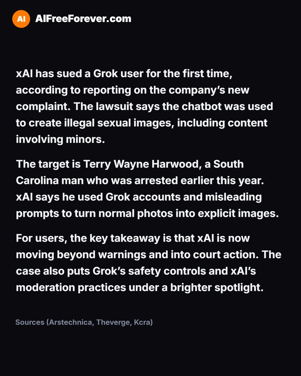 aifreeforever's tweet photo. xAI has filed its first lawsuit against a Grok user, accusing Terry Wayne Harwood of using the chatbot to make child sexual abuse material and non-consensual sexualized images.
#xAI #Grok #ElonMusk #CSAM #AIdeepfakes #AIPolicy #ArtificialIntelligence #CyberSafety https://t.co/TMEKqO0btR