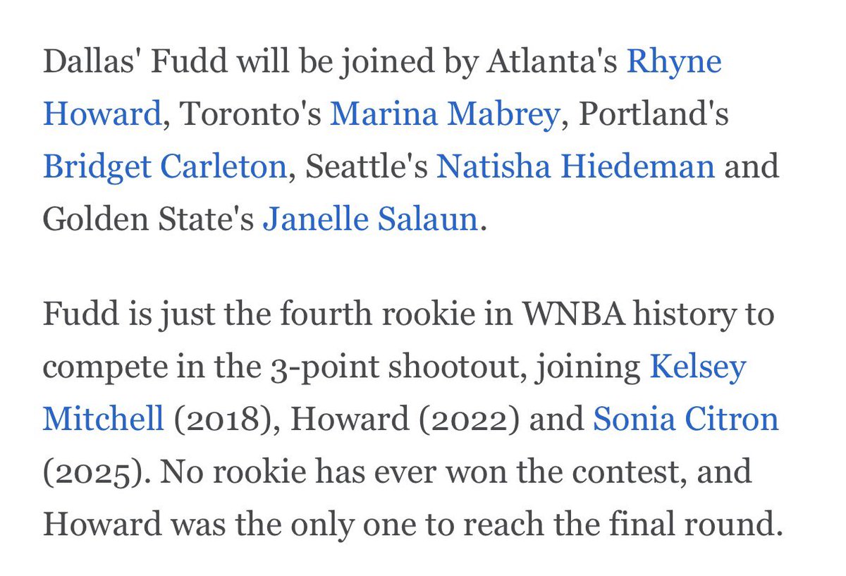 thearkvi's tweet photo. Fudd will be the 4th rookie in wnba history to participate in the 3-point contest. 

Thus far, no rookie has ever won it and Rhyne made it the furthest when she reached the final round. 

Excited for Fudd! https://t.co/UNixlJ3klJ