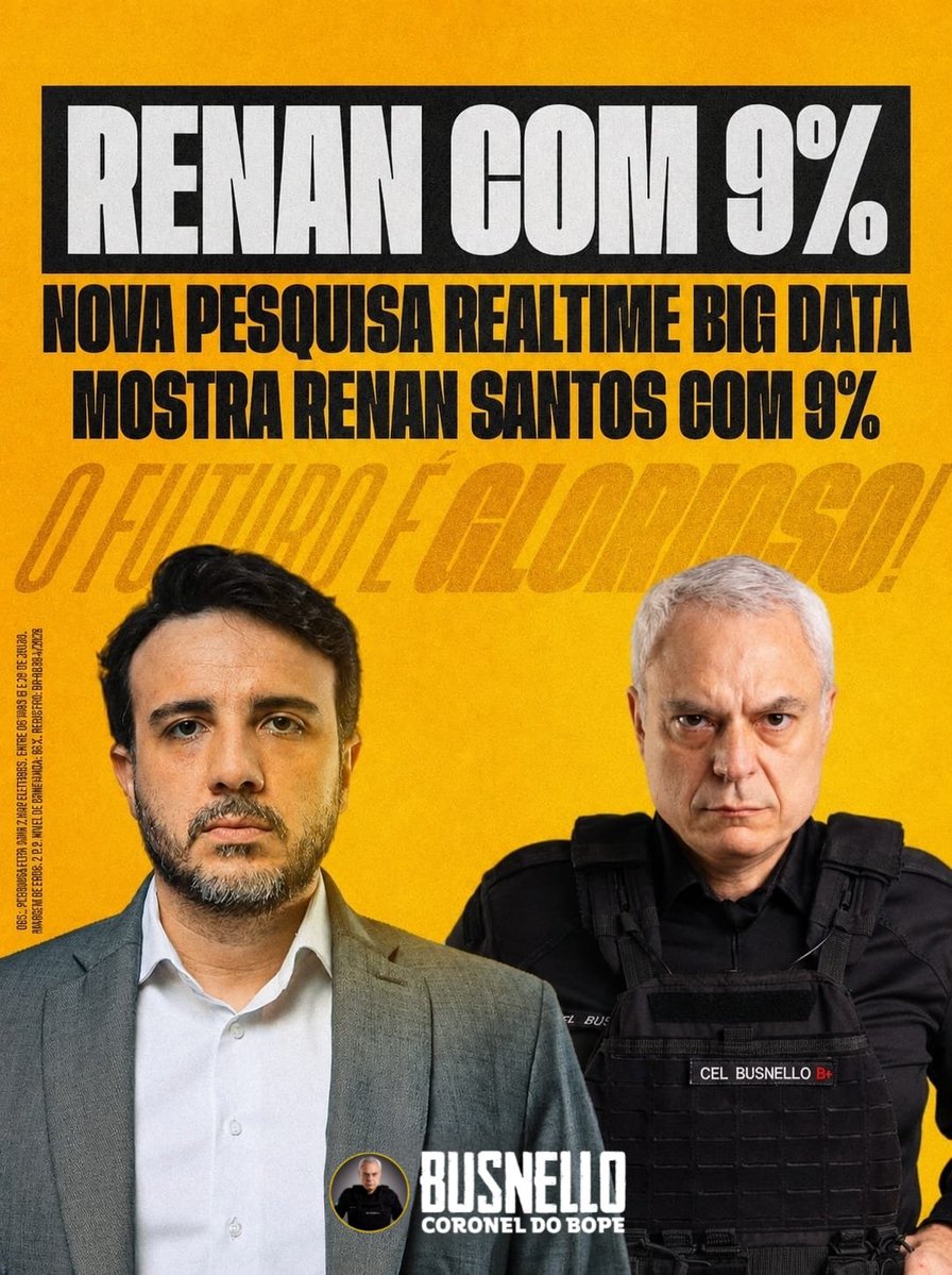 coronelbusnello's tweet photo. Renan Santos avança e já alcança 9%. O futuro é glorioso. https://t.co/gKSdUwf4nO