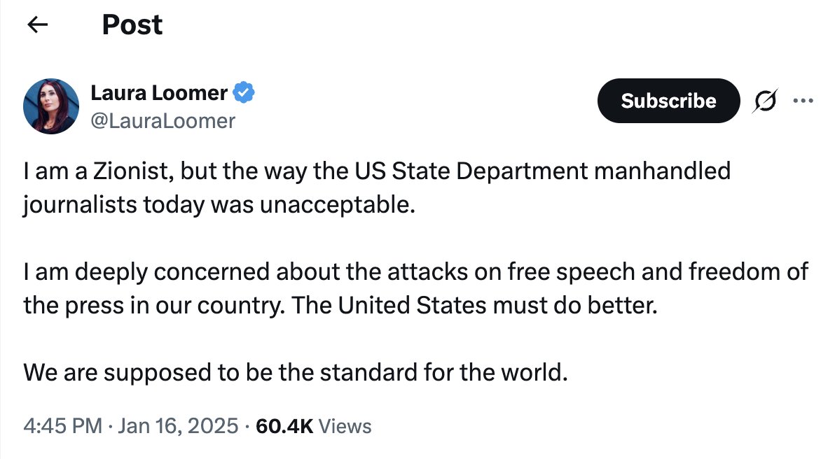 MaxBlumenthal's tweet photo. Many are painting Laura Loomer as a fraud and unregistered foreign agent now that she's reversed every previous position she took on Russia to go on a Ukraine govt junket to Kiev, where she's been personally welcomed by Zelensky.

But Loomer's amorality and fraudulence go much deeper.

In January 2025, hours after I was removed from then-Secretary of State Tony Blinken's final press conference for interrupting and confronting him over his support for the Gaza genocide, I received a direct message from Loomer expressing her support for my freedom of speech.

"I am deeply concerned about the attacks on free speech and freedom of the press in our country. The United States must do better," Loomer declared in the post she messaged to me.

Loomer is, of course, the same figure who recently called for me to be arrested, investigated, subjected to a heavily armed FBI raid, and to even have my citizenship revoked, for traveling to Tehran on my own dime to report on the funeral of Ayatollah Ali Khamenei and the US war on Iran. 

This Ku Klux Karen practically took credit for Customs and Border Patrol seizing my devices on my return when they boasted that they'd reported me to the State Department and FBI.

So what changed for Loomer between the final days of the Biden administration, when they pronounced their support for my First Amendment rights, and the present moment, when they produced a series of breathless screeds calling for my constitutional rights to be violated for doing journalism from Iran?

I wonder if the answer lies in a lobbying contract she signed with a certain foreign apartheid state that is guiding the Trump administration's war on Iran, and which controls its policy toward the entire region. Perhaps this contract is overseen by Trump's former campaign manager, Brad Parscale, whose Clock Tower X has doled out at least $50 million from Israel's Foreign Ministry to avaricious, proudly unprincipled right-wing influencers like Loomer, often to undermine the administration's negotiations with Iran.

Whatever the case might be, Loomer's attacks on me look like an act of pure projection by a cynical political prostitute who serves clients by defaming and attempting to criminalize Americans who interfere with their malign, militaristic objectives.