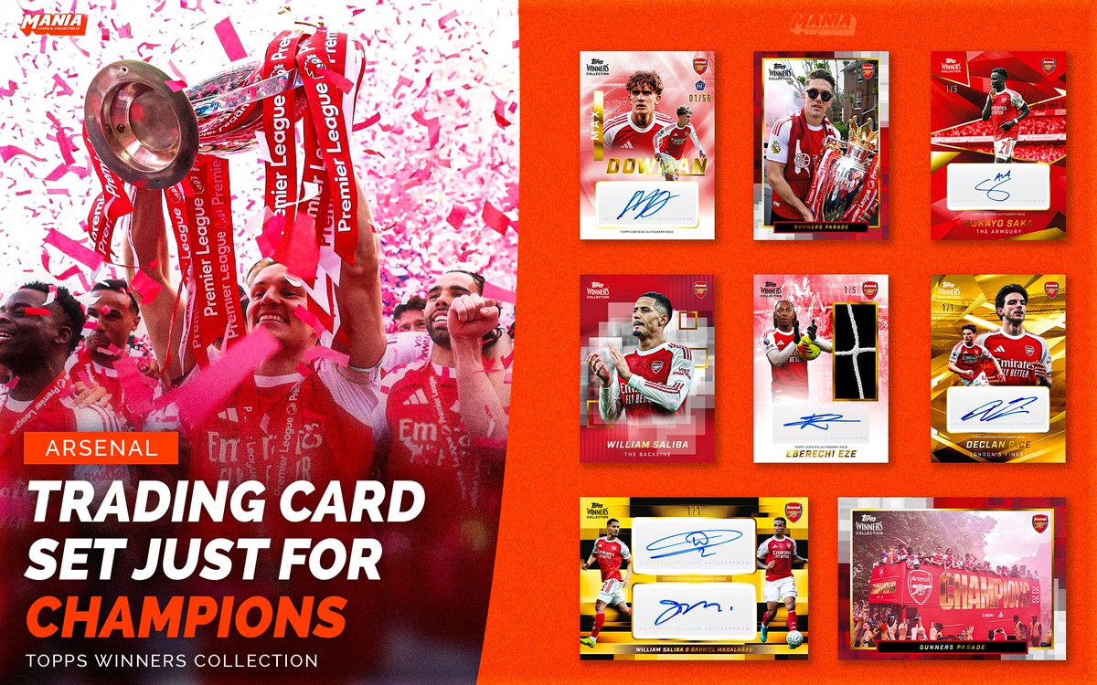 ManiaCollect's tweet photo. Champions deserve a collection to match 🏆

The Topps Winners Collection Arsenal 2025/26 celebrates the Gunners' Premier League title-winning campaign with a set packed with some of the club's biggest moments. 🔥 https://t.co/PdVQWY47eL