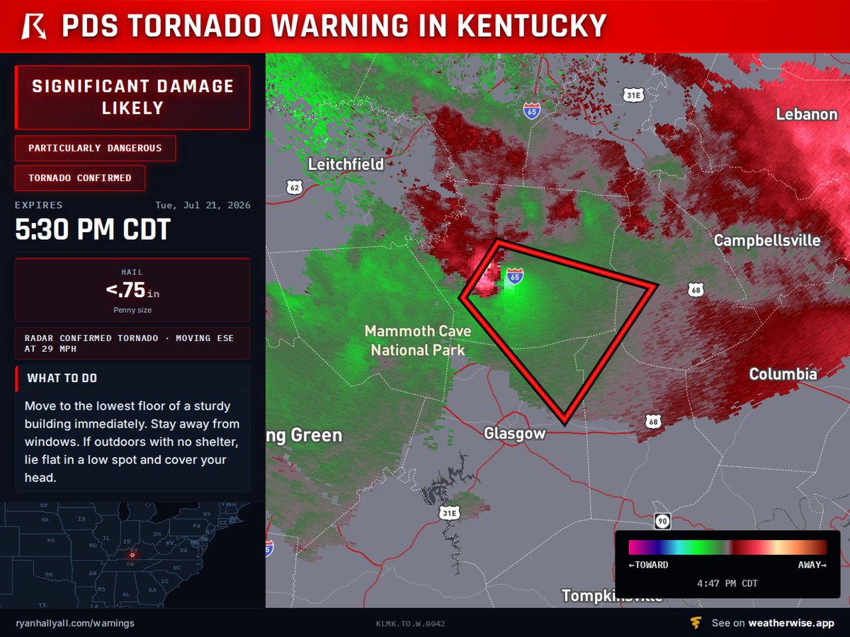 OfficialYallbot's tweet photo. Complete destruction is possible as a large, confirmed tornado rips through Green, Hart, Barren, and Metcalfe Counties, KY. PDS in effect, moving SE at 35 mph, take cover now until 5:30 PM CDT. Ryan's live: https://t.co/LaEdDnIqaM https://t.co/M59YiYb0IF