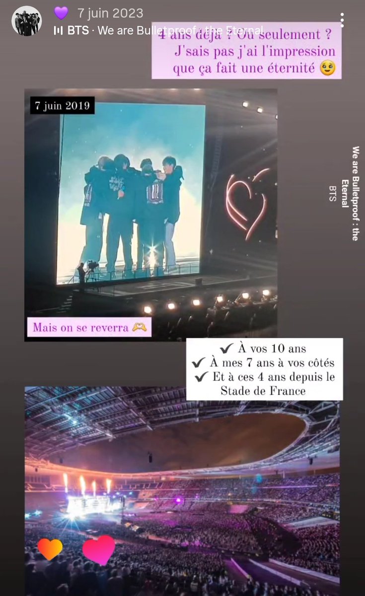 VsoStydia's tweet photo. Le 7 juin 2023 je postais une story insta avec We Are Bulletproof The Eternal. J'étais remplie de nostalgie et je désespérais de les revoir.

Mais le 18 juillet 2026, j'ai pu entendre cette musique en live, avec eux, dans ce même stade, mes yeux remplis de larmes de bonheur 💜 https://t.co/LbeFhu1OSc