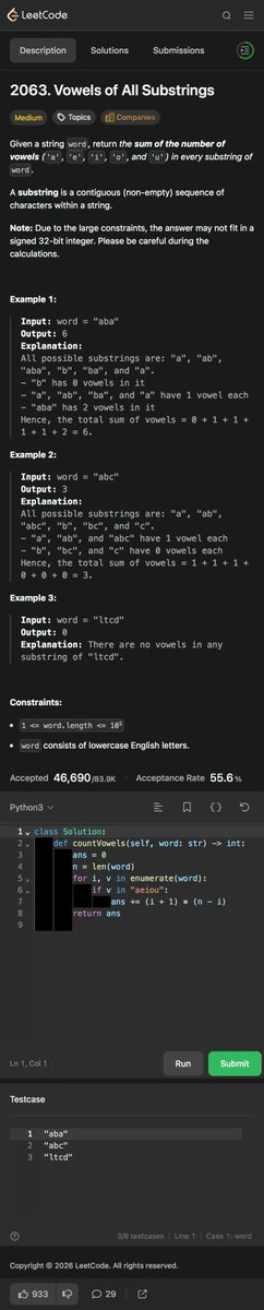 doctorzlai's tweet photo. Day 527 - Leetcoding with Kids - 2063. Vowels of All Substrings
带娃刷题第527天 数含元音的子串数/排列组合
#leetcode #tutorial #daily #learning #python #programming #力扣 #编程 #计算机 #学习 #coding #算法 #数据结构 #math #数学 https://t.co/r9VkGJSt9e