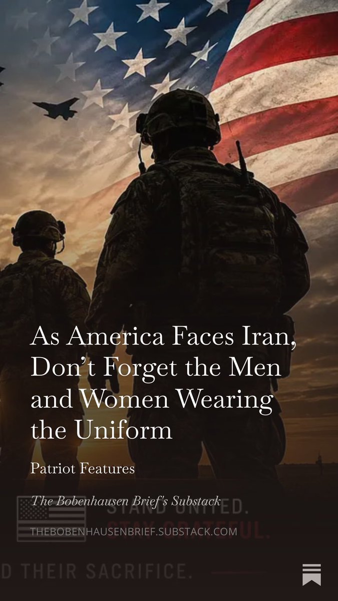 LadyE712's tweet photo. 🇺🇸 The newest Bobenhausen Brief is LIVE! 

We the people must always be sure to support our military! 

Subscribe to The Bobenhausen Brief on Substack for free weekly news, analysis, and commentary delivered straight to your inbox. https://t.co/gmceqSatJB