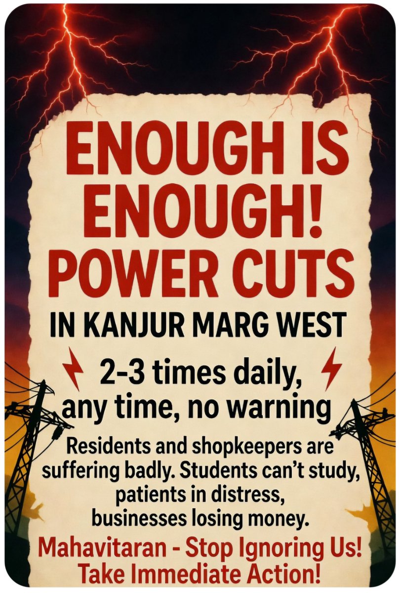 RakeshMumbai78's tweet photo. महावितरण बिजली विभागाकडे औपचारिक तक्रार

विषय : कांजुरमार्ग पश्चिम, एल.बी.एस. मार्ग परिसरातील वारंवार होणारे वीजबंदीचे प्रकार, अनावश्यक बिलवाढ आणि सेवा दर्जातील घसरण याबाबत कायदेशीर तक्रार.

महोदय/महोदया,

सदर ट्वीटद्वारे मी, राकेश सिंह रहिवासी आणि व्यापारी, कांजुरमार्ग पश्चिम, एल.बी.एस. मार्ग परिसरातील एक संतप्त वीजग्राहक, महावितरण विभागाच्या दुर्लक्षित आणि नागरिक-विरोधी धोरणाबाबत कायदेशीर तक्रार नोंदवित आहे.

तथ्ये खालीलप्रमाणे आहेत :

१. आज दिनांक २१ जुलै २०२६ रोजी रात्रीचे सुमारे ०१.१७  वाजता कांजुरमार्ग पश्चिम, एल.बी.एस. मार्ग परिसरातील संपूर्ण क्षेत्रातील वीजपुरवठा अचानक बंद झाला. यामुळे स्थानिक रहिवासी, दुकानदार, विद्यार्थी, वृद्ध आणि रुग्णांना प्रचंड मानसिक, आर्थिक व शारीरिक त्रास सहन करावा लागला आहे.

२. अशा प्रकारच्या अचानक वीज गुल होण्याच्या घटना या परिसरात नित्याच्या झाल्या आहेत. महावितरण विभागाकडून कोणतीही पूर्वसूचना किंवा योग्य देखभाल न करता वारंवार वीजपुरवठा खंडित केला जातो. यामुळे परिसरातील सामान्य जीवन पूर्णपणे विस्कळीत झाले आहे.

३. दुसरीकडे, गेल्या काही महिन्यांत महावितरणने वीजबिलात २ ते ३ पट वाढ केली आहे. ग्राहकांकडून भरमसाठ रक्कम वसूल केली जात असताना, सेवा दर्जा मात्र जुन्या काळाप्रमाणे खालावलेला आहे. विश्वसनीय वीजपुरवठा मिळण्याऐवजी ग्राहकांना फक्त अंधार आणि त्रास मिळत आहे.

४. महावितरण विभाग केवळ पैशाची वसूली करण्यात व्यस्त दिसत आहे. सेवा देण्याच्या नावाखाली ग्राहकांना केवळ वारंवार वीज गुल होण्याची “सेवा” दिली जात आहे. ही बाब भारतीय विद्युत् कायद्याच्या कलम ५६ व ५७ तसेच महाराष्ट्र विद्युत् नियामक आयोगाच्या नियमावलीचे स्पष्ट उल्लंघन आहे.

मागण्या :
तात्काळ सदर परिसरातील वीजपुरवठा पूर्ववत करण्यात यावा.
वारंवार होणाऱ्या वीजबिघाडाची कारणे तपासून, त्यावर कायमस्वरूपी उपाययोजना करण्यात याव्यात (जुन्या लाईन्स, ट्रान्सफॉर्मर्स व फीडर्सची दुरुस्ती व सुधारणा).
वीजबिलातील अनुचित वाढीचा फेरविचार करून, अतिरिक्त वसूली परत करण्यात यावी.
भविष्यात अशा प्रकारच्या दुर्लक्षामुळे ग्राहकांना होणारा त्रास टाळण्यासाठी योग्य कृती करण्यात यावी.

अंतिम विनंती :  
“सेवा” म्हणून फक्त बिल वाढवणे व वीज गुल करणे पुरेसे नाही. ग्राहक हा देवता आहे, फक्त पैशाची गाई नाही. महावितरणने आपली जबाबदारी ओळखून तात्काळ कार्यवाही करावी, ही विनंती.
राकेश सिंह,
विसिल ब्लोवर,
मुंबई, महाराष्ट्र.
@CMDMSEDCL
@EE_Bhandup
@MSEDCLPROJECTS @ashok_patil9901 @SDPatil_16 @Dev_Fadnavis @Devendra_Office @CMOMaharashtra
@mieknathshinde
@SunetraA_Pawar @zee24taasnews @abpmajhatv @NDTVMarathi @bbcnewsmarathi @TV9Marathi @News18_marathi @ColorsMarathi @LokshahiMarathi @thodkyaat @pudharionline @DainikBhaskar @JagranNews @mid_day @mataonline @saamTVnews @SaamanaOnline @mumbaimatterz @Mumbaikhabar9