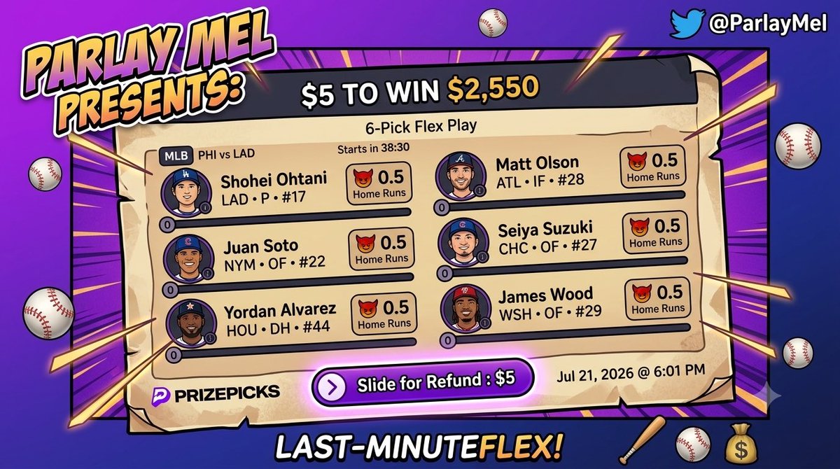 ParlayMel's tweet photo. Always have to test my luck on the HR lays. $2 —> $2,550 Let’s see if we can smack a big one today! #Gambling𝕏 #prizepicks #Homerunparlay https://t.co/Fff2vqXeke