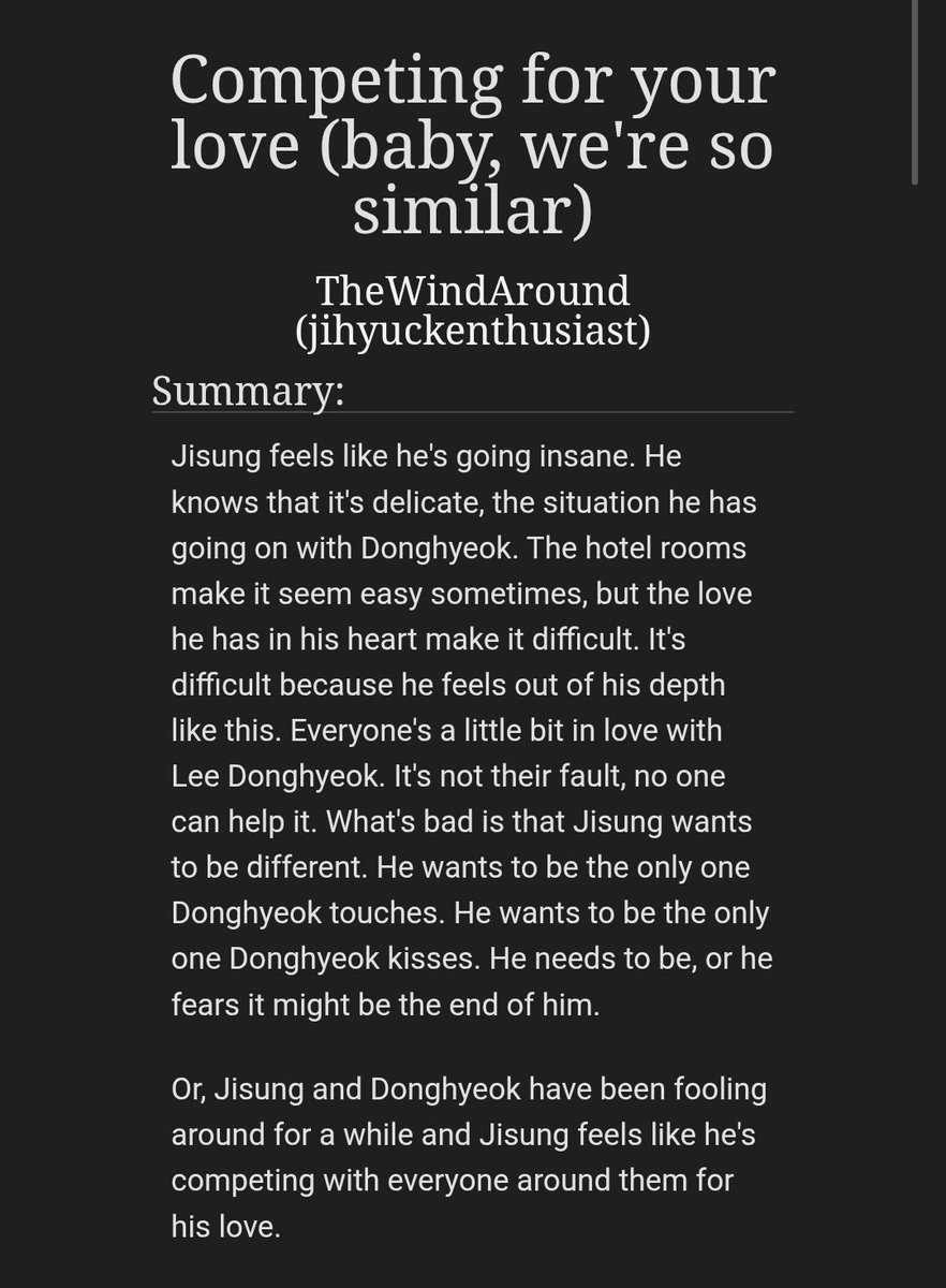 jihyuckenjoyer's tweet photo. Competing for your love (baby, we're so similar)

https://t.co/0DlKnfmsrW

• jihyuck
• 10k words
• explicit
• fwb, angst with a happy ending

Please read tags and notes carefully! https://t.co/C8C03krBJj