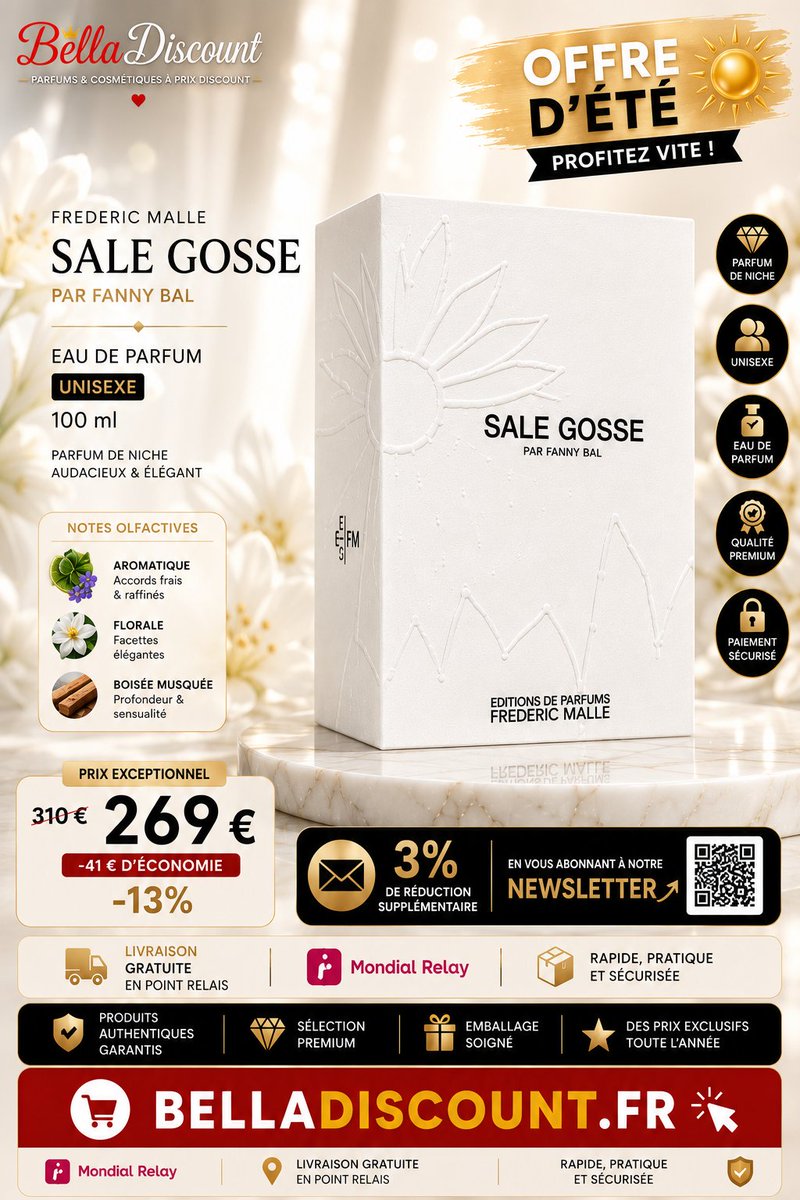 belladiscount's tweet photo. 🖤✨ OFFRE D'ÉTÉ | Frederic Malle Sale Gosse 100 ml

Une création de Haute Parfumerie pour les amateurs de fragrances rares.

💎 Eau de Parfum 100 ml

🌍 Unisexe

🪵 Bois précieux

🤍 Muscs

🌿 Accords aromatiques

💶 269 € au lieu de 310 €

💸 41 € d'économie

📧 +3 % de réduction en vous abonnant à notre newsletter

🚚 Livraison GRATUITE en Point Relais

🛒 https://t.co/VzwRHkUTZY

Avec Frederic Malle Sale Gosse, découvrez une fragrance de niche au caractère affirmé, où l'élégance contemporaine rencontre des accords raffinés et une signature olfactive sophistiquée. Disponible chez Belladiscount à un prix exceptionnel, avec livraison gratuite en Point Relais et 3 % de réduction supplémentaire en vous abonnant à la newsletter.