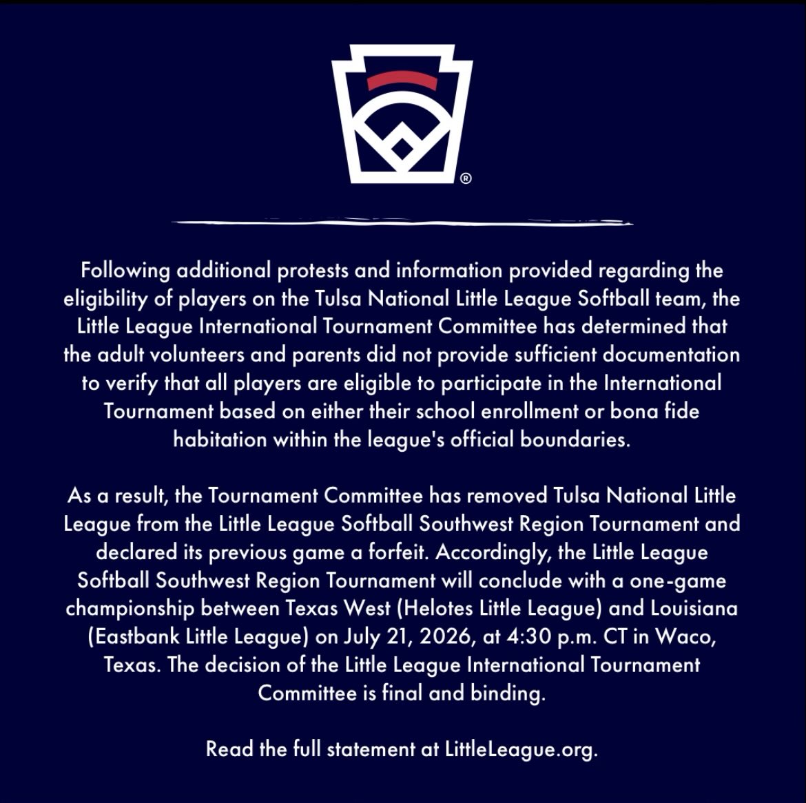 mikejohnson_2's tweet photo. GOD IS SO GOOD!
TULSA NATIONAL “LITTLE LEAGUE” HAS BEEN DISQUALIFIED FROM THE LITTLE LEAGUE SOFTBALL WORLD SERIES
HOPEFULLY THE BASEBALL PROGRAM WILL BE NEXT!
#LLWS #CheatersNeverWin https://t.co/pnbm3aJUVd
