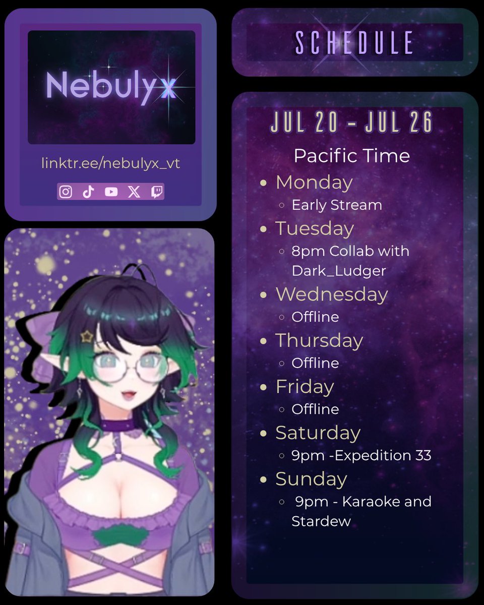 Nebulyx_vt's tweet photo. This week’s schedule!  Links in bio! 💜🌌✨ https://t.co/mRgWWSs9kF
