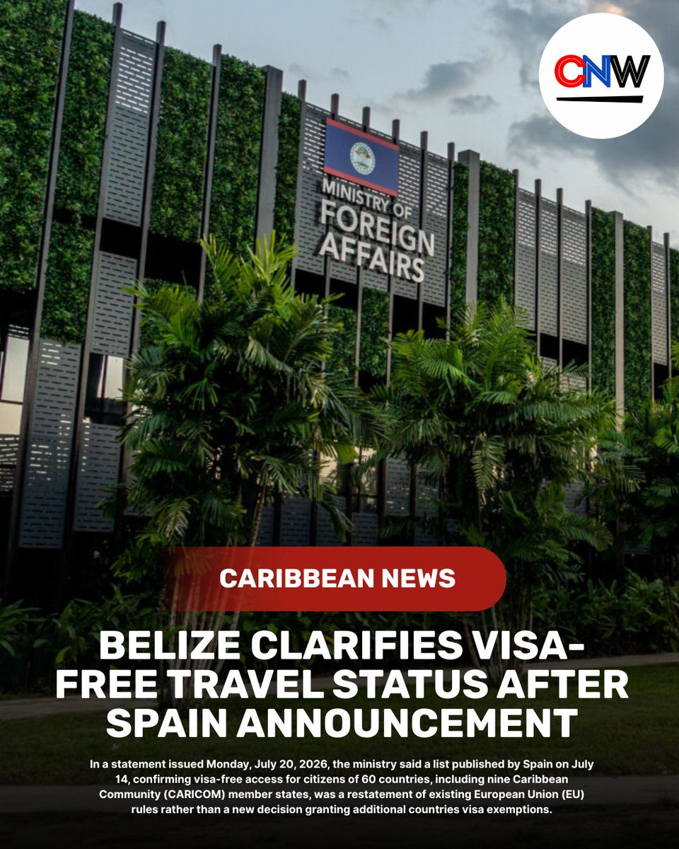 CNWNetwork's tweet photo. 🇧🇿 Belize’s Ministry of Foreign Affairs clarified that Spain’s recent announcement did not grant new visa-free access to Belizean citizens. The government says negotiations with Spain and the European Union for a full Schengen visa waiver are continuing.

https://t.co/1DbgPcPdaz https://t.co/Zbph3qElOB