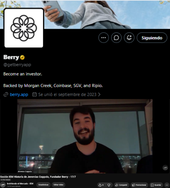 MatiasScalbi's tweet photo. El Viernes pasado, en IEM, tuvimos un invitado más que especial que nos voló la cabeza. Y confirmo que hoy más que nunca Argentina es tierra de emprendedores

En Invirtiendo el Mercado (IEM), mi grupo privado de inversiones, contamos con la participación de Jeremías Coppola @JereCoppola (28), Co-Founder y CFO de Berry @getberryapp, el Robinhood de Latam. Les comento un poco de lo que charlamos

Estudió finanzas en San Andres con una beca y arrancó en Buenbit en plena pandemia (2021), al principio trabajando en el area de inversiones consiguiendo tasa en dólares para los fondos de usuarios vía DeFi. Luego pasó a encargarse de la mesa de dinero manejando la liquidez y el negocio OTC, donde vivió desde adentro la época dorada del arbitraje del dólar

Las crisis que lo curtieron, Luna y FTX: La semana del colapso de Terra/Luna la pasó durmiendo en la oficina, calzando en tiempo real las posiciones de usuarios mientras el UST se despegaba del dólar. Yo creo que más de uno de aca sufrimos lo de Luna en carne propia. Fue un caos ese mes

Pero siempre hay que ver lo positivo de todo, gracias a estas experiencias uno aprende. Y a la corta edad de Jere, este aprendizaje vale oro

Luego en el 2023 se animó a emprender junto con sus compañeros @cancu_eth y @lucacompagnucc fundando Berry, y ahi fueron escalando de a poco, hasta lograr hoy estar respaldados por monstruos como Coinbase

Qué es Berry y de dónde salió: Nació porque su socio Luca quería comprar Nvidia a $30 USD desde EE.UU. y no podía por no tener Social Security Number. La idea: replicar la experiencia de Robinhood (invertir simple y desde el celular) para Latinoamérica, dándole a quien ya tiene dólares digitales la posibilidad de comprar acciones en dólares. Empezó como un bot de Telegram y hoy es una app en las stores principales

Hablamos también del rebranding de Berry, a dónde apuntan a futuro, su experiencia con el Venture Capital y cuáles son los objetivos a largo plazo

Se vienen oportunidades interesantes de la mano de Berry e IEM, estén atentos a las próximas semanas! 

Gracias Jere!