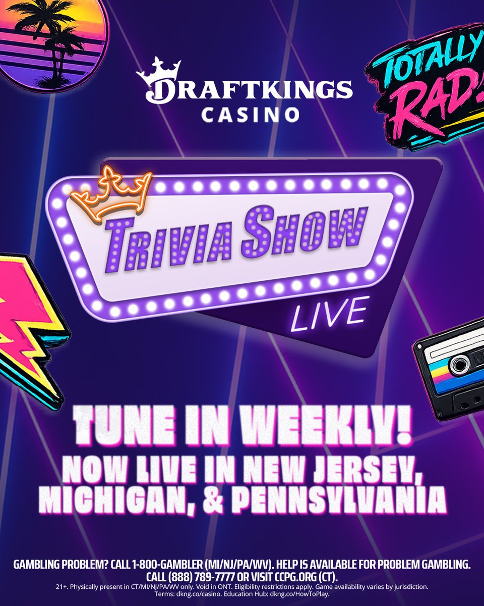 DKCasino's tweet photo. Your parents’ music. Your favorite movies. Way too much neon 🛼👾☎️

80s themed Live Trivia starts tonight at 8PM ET in the DK Casino app 🕹️

Only available in NJ, MI and PA. https://t.co/bP9MF6q5Ad