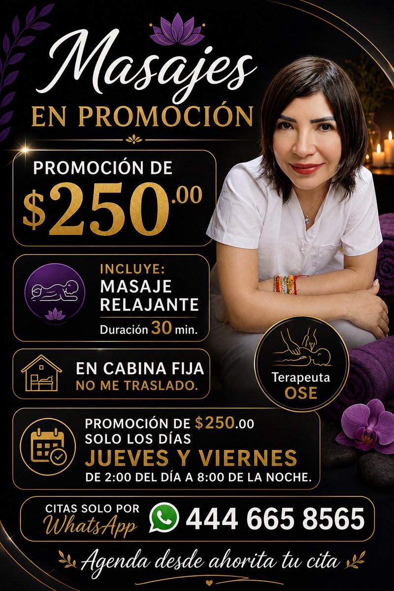 MasajesOsec3's tweet photo. https://t.co/mELbTGsP3G #masajes en #promoción solo mes de julio, solo día jueves y viernes con un costo de $250 sesion de 30 min que incluye: #masaje #relajante de #espalda, #cuello y #brazos #queretaro #qromasajes #masajesqueretaro #cabinaqueretaro 
Más información o agendar #cita whats app 4446688565 con horario de 2:00 de la tarde a 8:00 de la noche cierro citas.