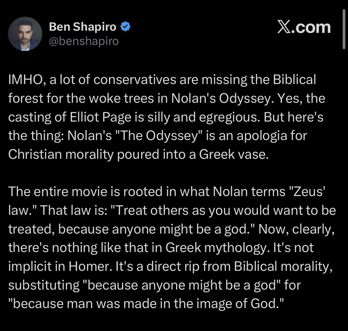 textexantex's tweet photo. Holy shit. I thought Nolan didn’t understand xenia, the Greek concept of hospitality or guest-right. He focuses entirely on the host’s role while neglecting the role of the guest.

But Ben Shapiro just has no clue. The law of hospitality is FUNDAMENTAL to Greek myth and culture. https://t.co/x5tCGqteHp