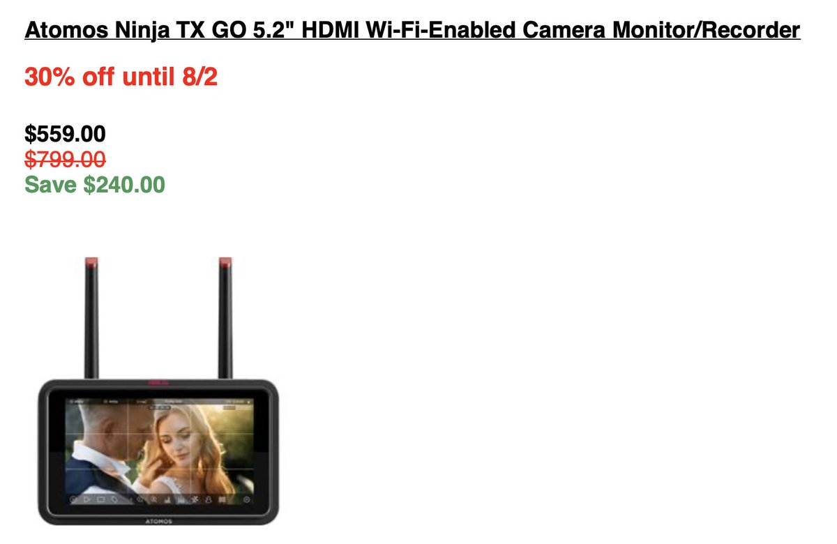 PhotogDeals's tweet photo. The Atomos Ninja TX GO 5.2" HDMI Wi-Fi-enabled camera monitor/recorder is now $240 off: https://t.co/gnRNBACVMM https://t.co/lP7oRX52Wr