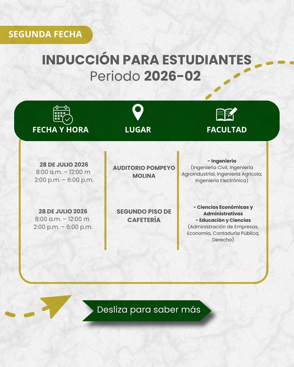 Unisucre's tweet photo. Damos la bienvenida a nuestros nuevos estudiantes y a sus padres de familia en este primer encuentro de orientación académica.

📅 27 y 28 de julio de 2026
📍 Sede Puerta Roja

👉 Desliza para conocer más información, horarios y lugares asignados. https://t.co/F1apZi9Z76