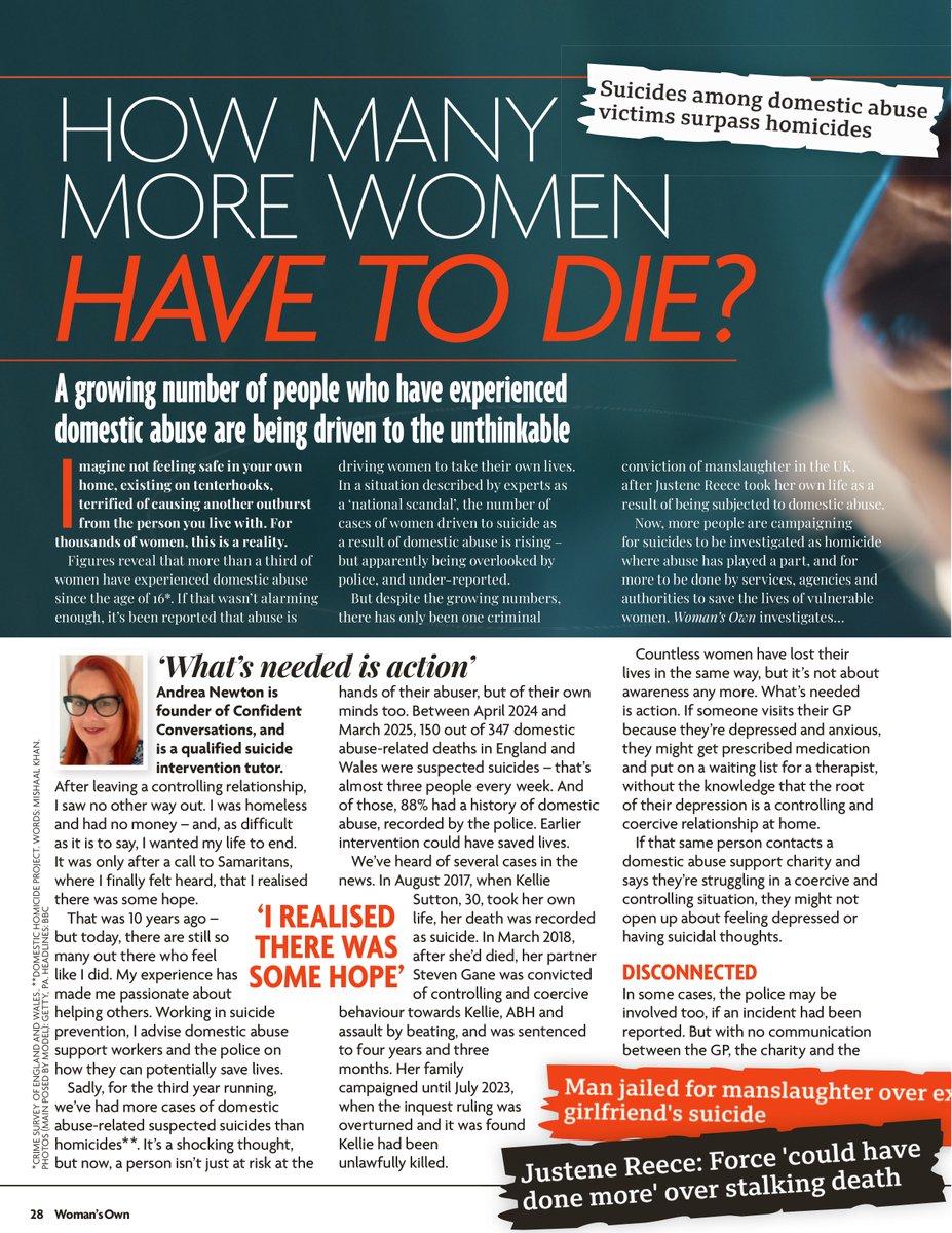 KilledWomennw's tweet photo. "HOW MANY MORE WOMEN HAVE TO DIE? A growing number of people who have experienced domestic abuse are being driven to the unthinkable", by Mishaal Khan, in Woman's Own, 27 July 2026 https://t.co/zwhxrUvyl1