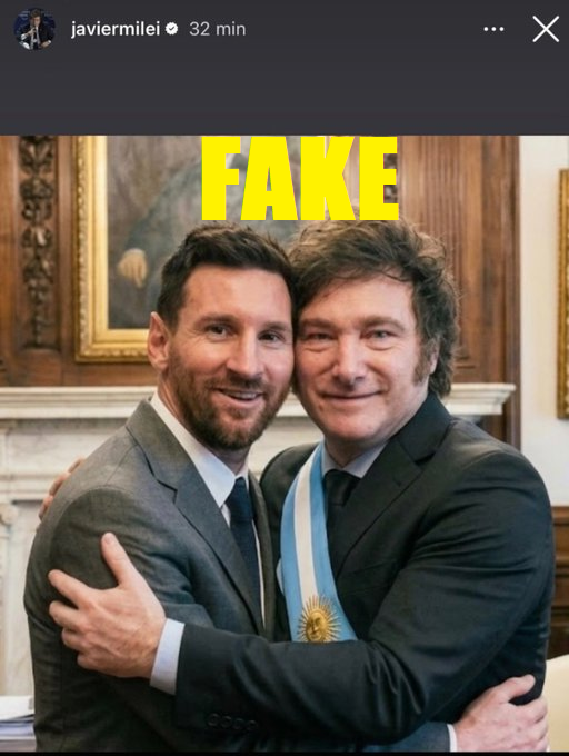 LaUnicaBeta's tweet photo. @TouchlineX This photo is fake, made by IA. 
President Milei is posting it as his own; that photo doesn't exist. The President is doing a lot of damage to Messi. https://t.co/AWUIP5OWlS