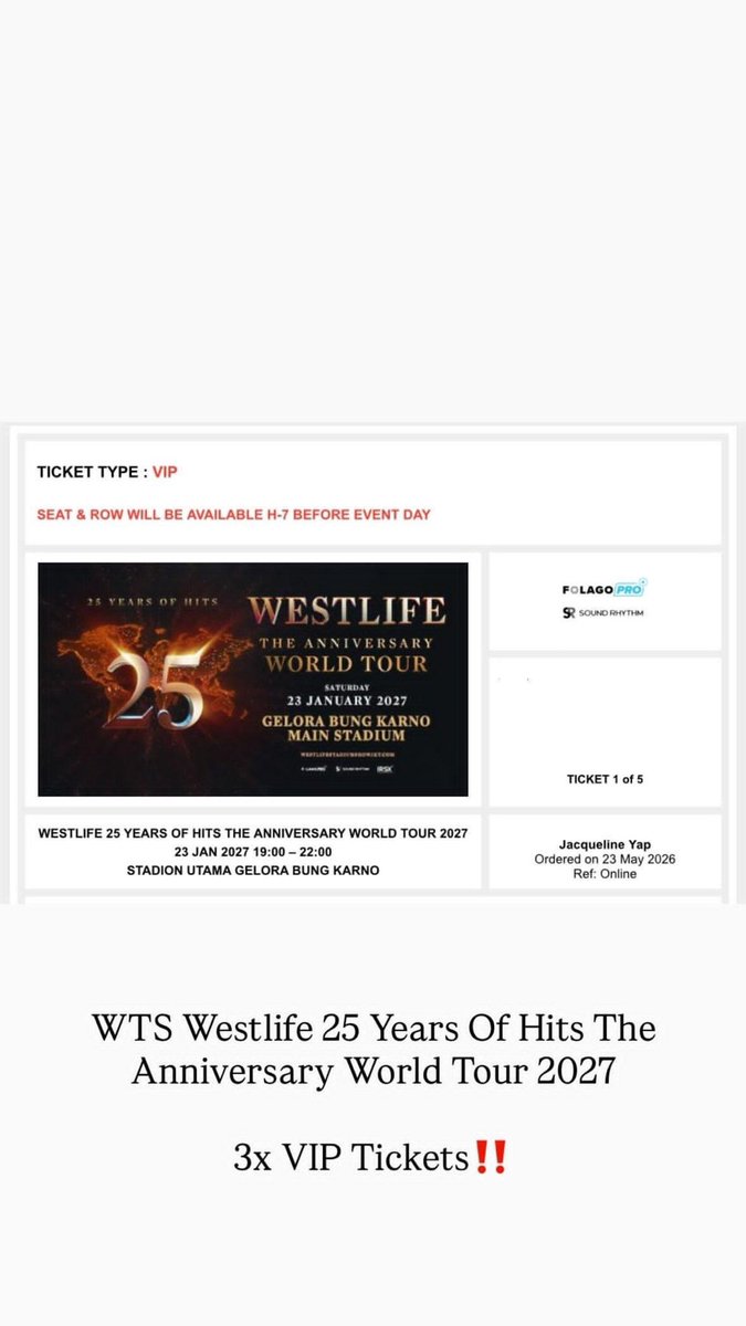 Msafiri_254_'s tweet photo. #WTS 
Westlife 25 Years Of Hits The Anniversary World Tour 2027 

3x VIP ticket

Aku juga ikut nonton ya! Jual kelebihan ajaa, yg mau dm 🫶
#WestlifeinJakarta #WestlifeJakarta #WestlifeinMY #WESTLIFEINKUALALUMPUR #Westlife25TheAnniversaryWorldTour #Westlife https://t.co/xmNdw1h8hc