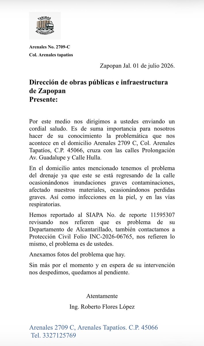 TarimasAltGDL's tweet photo. @PoliciaZapopan @PabloLemusN @Trafico_ZMG Cartas y quejas desde hace semanas, ninguna dependencia pública nos auxilia. @ZapopanGob @MovilidadZap @Trafico_ZMG @siapagdl https://t.co/VZFDcSEy0m