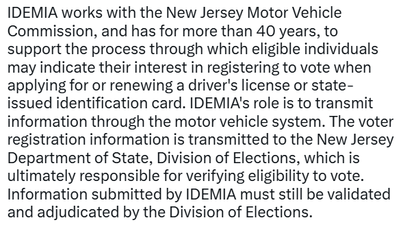 wildstein's tweet photo. IDEMIA, the software vendor whose alleged glitch enabled 6,600 noncitizens to register to vote in New Jersey, is out with a CYA statement blaming the state. https://t.co/Em5eHYyi4W