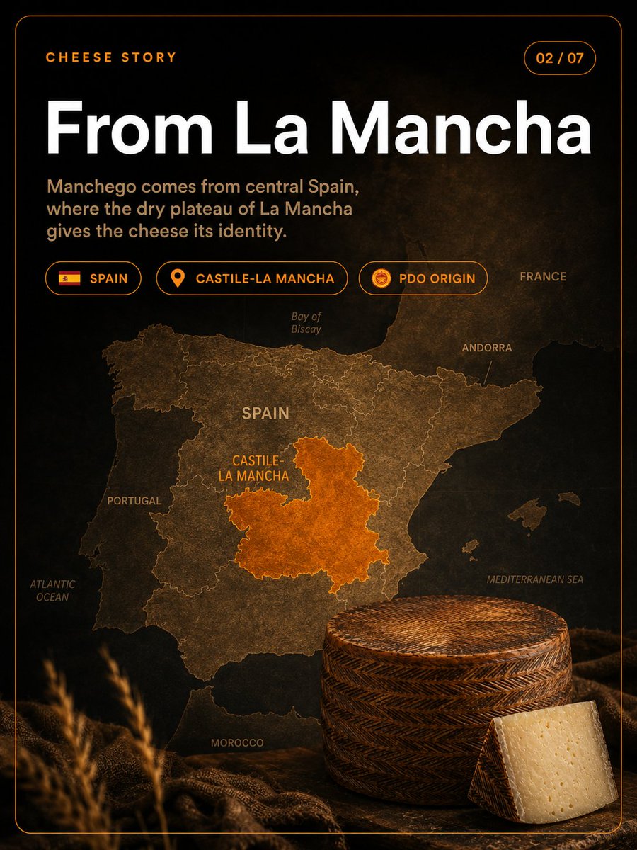 Cheesepedia_app's tweet photo. Two wedges of Manchego from the same dairy, aged just a couple of months apart, can taste like completely different cheeses — one soft and grassy, the other hard and intensely nutty. Which one you would actually reach for says a lot about your palate.

Manchego comes from La Mancha, the sun-baked plains of central Spain, made entirely from the milk of Manchega sheep grazing those same pastures. Its signature herringbone rind is not decorative carving — it comes from the traditional esparto grass molds the curd is pressed in, a detail that also gives the cheese its faint aroma of dried herbs.

As it ages, the texture genuinely transforms. Fresh Manchego, aged just two weeks, is soft. By a few months in, it turns grainy. Past the year mark, it becomes properly flaky, its tiny natural pores deepening that texture with every passing month. During all of it, the wheels are brushed with olive oil — not for flavor alone, but to let the cheese keep breathing while it holds onto its moisture.

One detail that surprises people: most Manchego is naturally gluten-free, but it is not vegetarian. Traditional production relies on animal rennet, which is exactly what gives aged Manchego that particularly intense, rounded flavor.

A sommelier's regional instinct applies perfectly here: what grows together, goes together. Young Manchego with a bit of honey or orange marmalade is a classic for a reason — but for an aged wedge, reach for a glass of Rioja or a dry Oloroso sherry, both grown under that same Spanish sun.

Would you actually prefer Manchego young and mild, or aged and intense? That is exactly what a taste profile is built to answer. Your personal cheese sommelier is one tap away. 🧀🇪🇸

https://t.co/sw3hm1cxP2
https://t.co/QcV8TnEEvK
#Cheesepedia #Manchego #SpanishCheese #CheeseLover