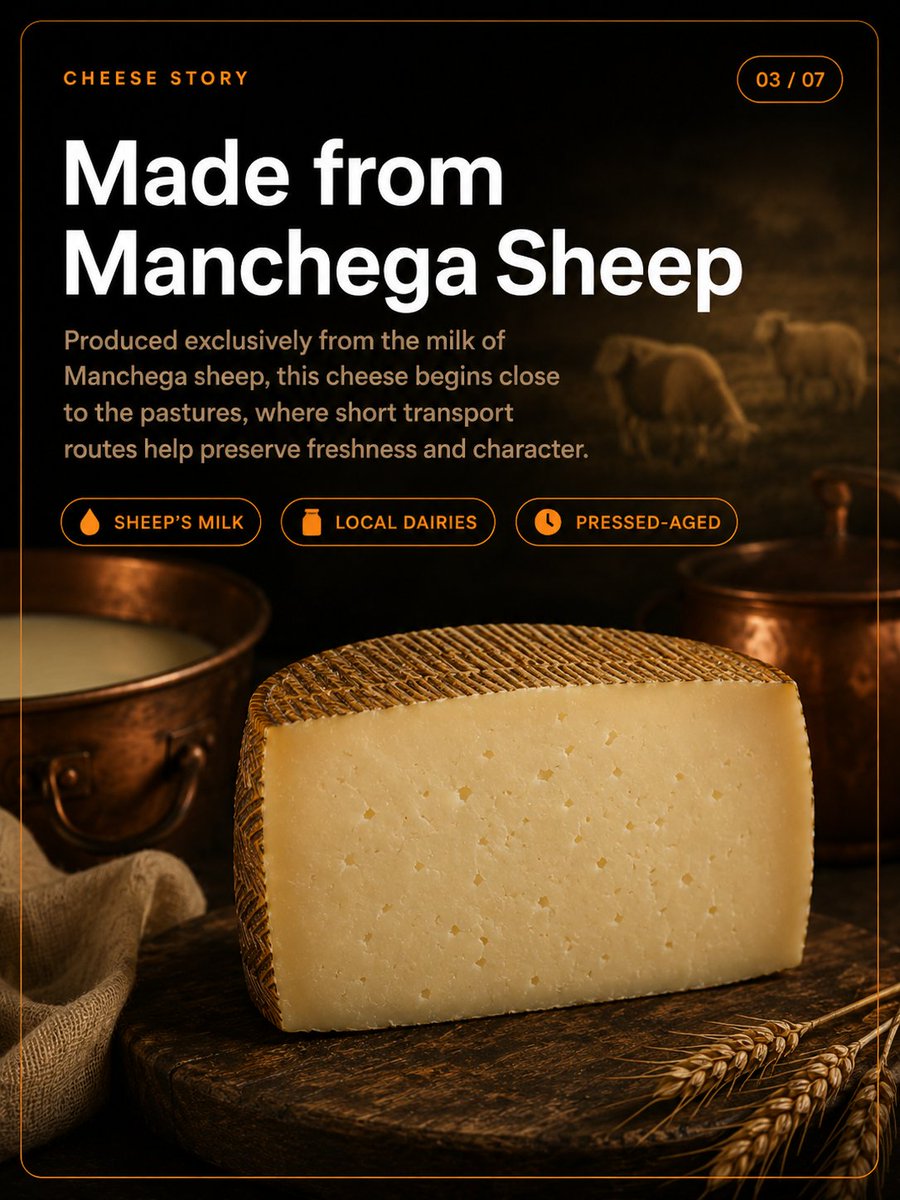 Cheesepedia_app's tweet photo. Two wedges of Manchego from the same dairy, aged just a couple of months apart, can taste like completely different cheeses — one soft and grassy, the other hard and intensely nutty. Which one you would actually reach for says a lot about your palate.

Manchego comes from La Mancha, the sun-baked plains of central Spain, made entirely from the milk of Manchega sheep grazing those same pastures. Its signature herringbone rind is not decorative carving — it comes from the traditional esparto grass molds the curd is pressed in, a detail that also gives the cheese its faint aroma of dried herbs.

As it ages, the texture genuinely transforms. Fresh Manchego, aged just two weeks, is soft. By a few months in, it turns grainy. Past the year mark, it becomes properly flaky, its tiny natural pores deepening that texture with every passing month. During all of it, the wheels are brushed with olive oil — not for flavor alone, but to let the cheese keep breathing while it holds onto its moisture.

One detail that surprises people: most Manchego is naturally gluten-free, but it is not vegetarian. Traditional production relies on animal rennet, which is exactly what gives aged Manchego that particularly intense, rounded flavor.

A sommelier's regional instinct applies perfectly here: what grows together, goes together. Young Manchego with a bit of honey or orange marmalade is a classic for a reason — but for an aged wedge, reach for a glass of Rioja or a dry Oloroso sherry, both grown under that same Spanish sun.

Would you actually prefer Manchego young and mild, or aged and intense? That is exactly what a taste profile is built to answer. Your personal cheese sommelier is one tap away. 🧀🇪🇸

https://t.co/sw3hm1cxP2
https://t.co/QcV8TnEEvK
#Cheesepedia #Manchego #SpanishCheese #CheeseLover