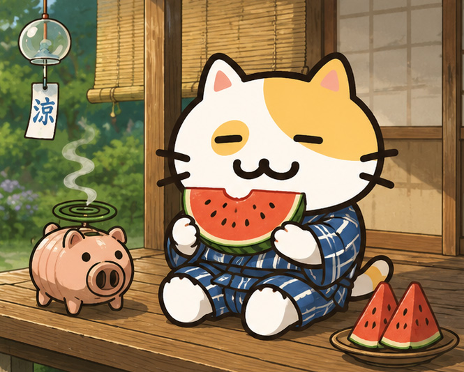 こんにちは、にぼにゃんですにゃ！🐾 今日は縁側でスイカにかぶりつい