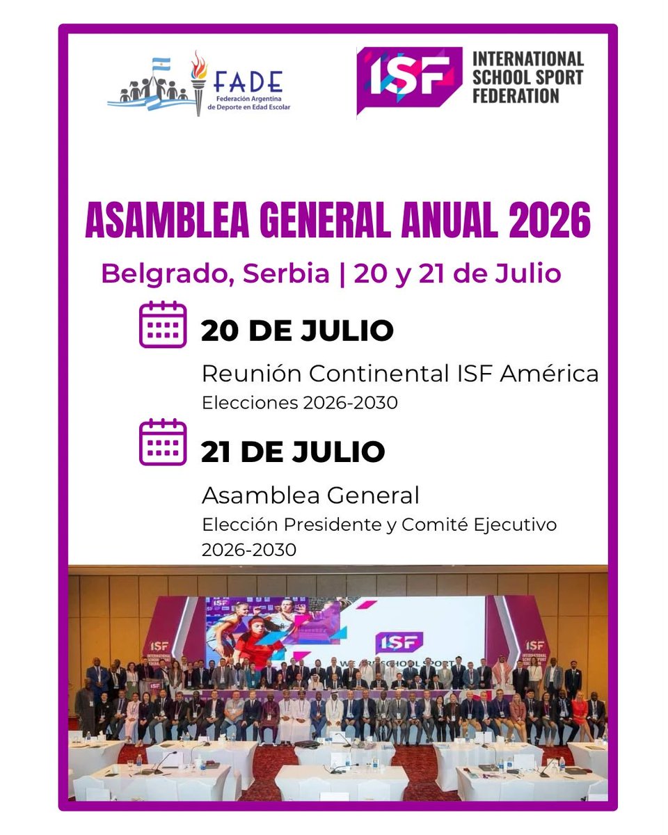 Leot14's tweet photo. ➡️ Tras dos intensas jornadas de trabajo, finalizó la Asamblea General de @ISFsports en 📍Belgrado, Serbia🇷🇸.
➡️ Junto a las federaciones de los distintos continentes, renovamos el compromiso de seguir fortaleciendo y jerarquizando el Deporte Escolar como una política pública al servicio de la educación y la formación integral de las y los estudiantes.
👉🏻Deporte ♥️ Educación.
#DeporteEscolar 

@FADEarg @PrensaCOA