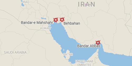 Osinttechnical's tweet photo. Multiple reports of explosions in the Iranian cities of Behbahan, Bandar Abbas, and Bandar-e Mahshahr. https://t.co/vQgfw2x0if