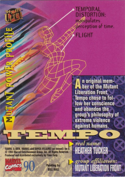 AustinGorton's tweet photo. 090 - Tempo
I don't know what "manipulating time" looks like, but this is pretty close.
I love that the cardback both cites her as a member of the MLF, and talks about how she quit the group.
#TradingCardADay #XMen #FUXM1 #BillHall https://t.co/Io3ugljeRb