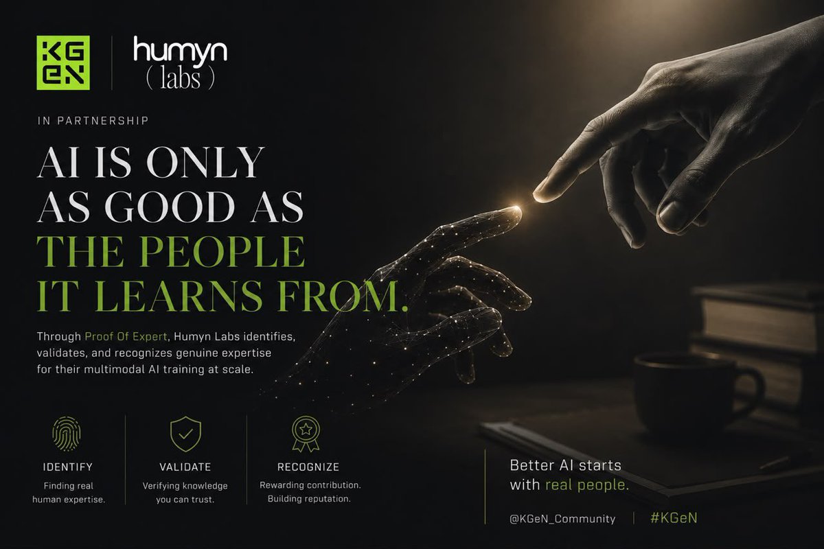 MercyOFweb3's tweet photo. We spend so much time asking,

“How intelligent is AI?”

Maybe we’ve been asking the wrong question.

A better one is:

“Who is AI learning from?”

Intelligence is only as good as the knowledge behind it.

That’s why the partnership between @humynlabs and @KGeN_Community stands out to me.

Through Proof of Expert, they’re identifying, validating, and recognizing genuine expertise instead of treating every piece of data the same.

The future of AI shouldn’t just be faster.

It should learn from the right people 

#KGeN