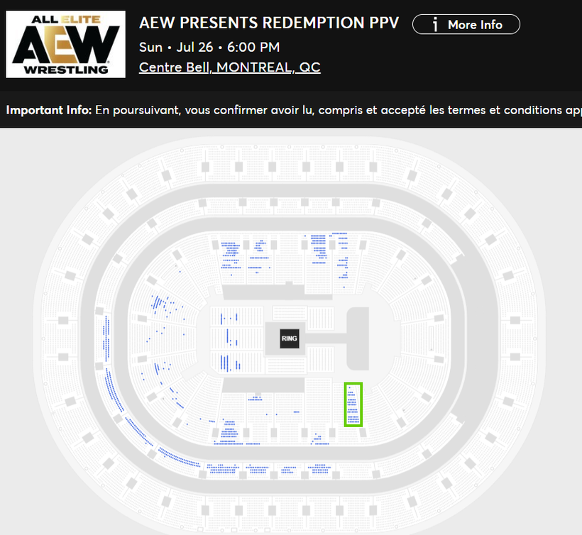 WrestleTix's tweet photo. AEW Presents Redemption
Sun • Jul 26 • 6:00 PM
Centre Bell, MONTREAL, QC

Available Tickets: 947
Current Setup: 6,846
Tickets Distributed: 5,899

📈 +339 since the last update (7 days ago)
📅 Days until show: 5
🔢 Total # of seats on map: 19,527
⏮ 12/6/2023 - Dynamite: 4,994
🟣 This show is being tracked on the Platinum Tracker (every 20 minutes). Upgrade here to see regular updates on it: https://t.co/7oKRUcF7Ah
💵 Cheapest Ticket (Standard Admission): CA $53.25
🗒️ Section 111 opened up the other half of the section (minus some back rows)