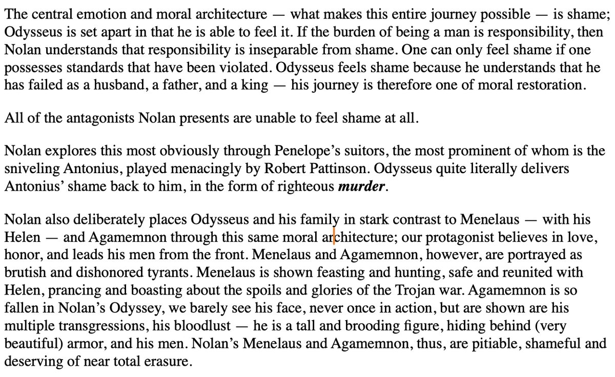 zaitoon's tweet photo. The central emotion and moral architecture of Nolan’s The Odyssey is shame; our protagonist has it, and his antagonists are distinguished by their inability to feel it.

On Penelope's suitors, Menelaus, Helen, and Agamemnon: