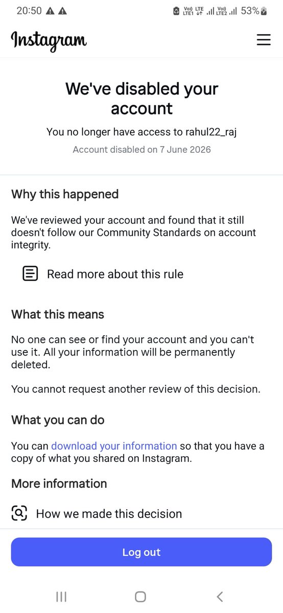 Rahul48022987's tweet photo. @instagram Dear Instagram Team, my @rahul22_raj account was disabled by mistake. I have always tried to follow the Community Guidelines. I have already submitted an appeal, but I haven't received any update. Please review my account and restore it. Thank you. 🙏 https://t.co/JXcWNy0QHE