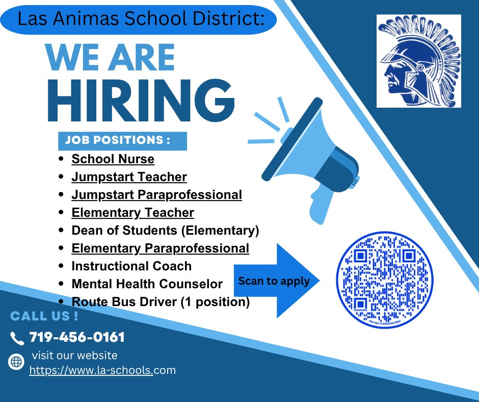 LasAnimasSchool's tweet photo. New job listings at Las Animas School District! 💙 https://t.co/ZycAGdmCKk
